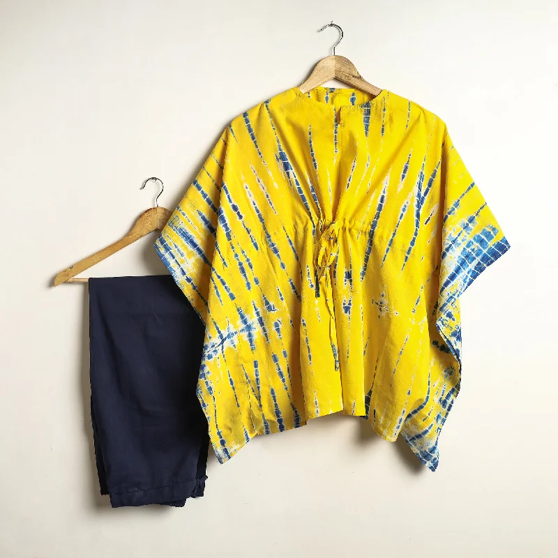 Yellow - Shibori Tie-Dye Cotton Kaftan & Pyjama Night Suit Set