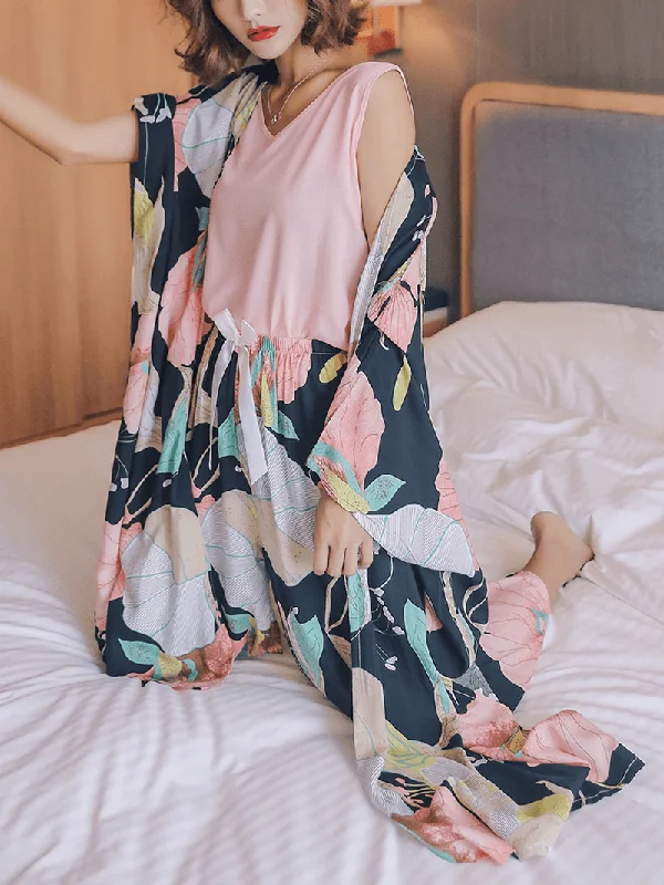 4pcs-women-v-neck-sleeveless-pink-tops-floral-print-pants-home-casual-pajamas-with-robes