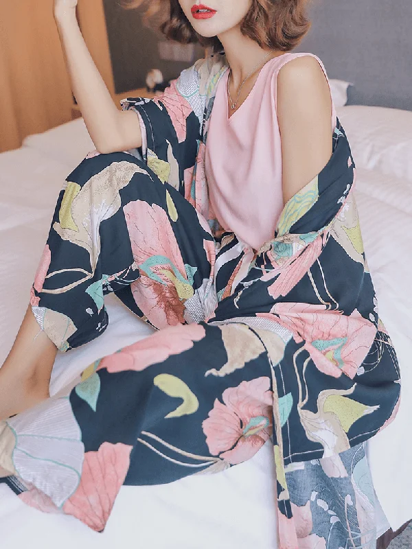 4pcs-women-v-neck-sleeveless-pink-tops-floral-print-pants-home-casual-pajamas-with-robes