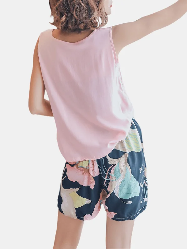 4pcs-women-v-neck-sleeveless-pink-tops-floral-print-pants-home-casual-pajamas-with-robes