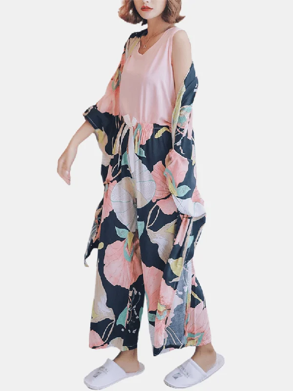 4pcs-women-v-neck-sleeveless-pink-tops-floral-print-pants-home-casual-pajamas-with-robes