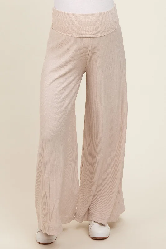 beige-ribbed-foldover-waist-maternity-wide-leg-pants