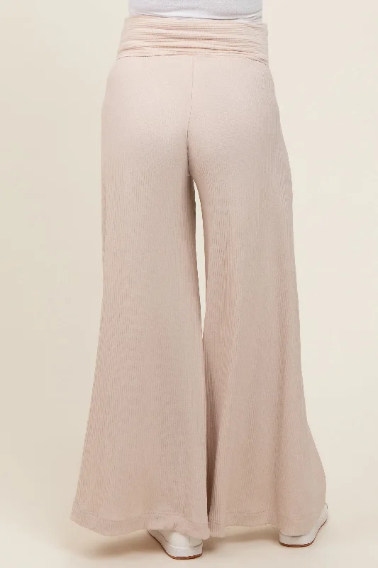 beige-ribbed-foldover-waist-maternity-wide-leg-pants