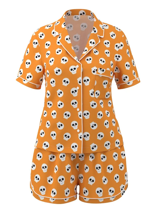 [Pre-Sale] Orange 1970s Halloween Cartoon Skull Pajamas