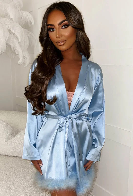 Sultry Desire Baby Blue Satin Flare Sleeve Removable Feather Trim Robe