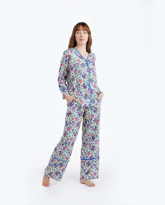 The Cloud 9 Silky Pajama Set - Scroll Block Print in Violet & Lava