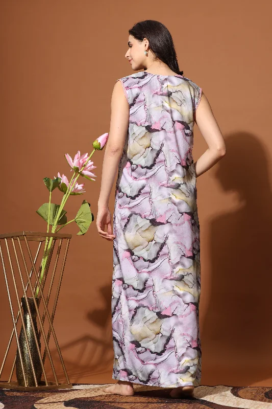 Sleeveless Rayon Durable Maxi Lavender Designer Nighty