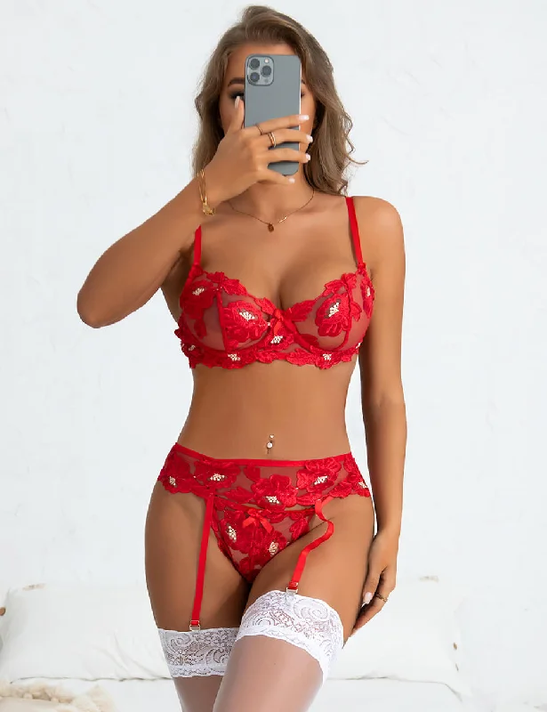 See Through Sexy Garter Lingerie Set Flower Embroidery Bra Set