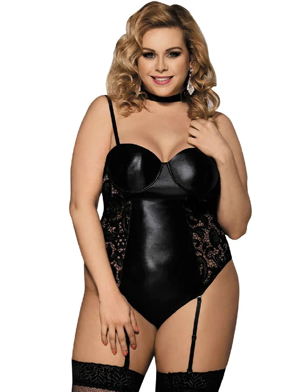 Women Plus Size Teddy Lingerie Faux Leather Bodysuit with Garter