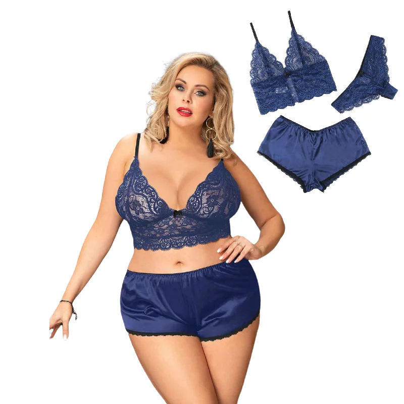 Blue 3 Piece Lingerie Lace Set - Bra Panties Boxer Sexy Simulated Silk Underwear