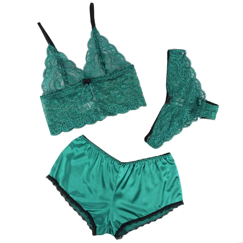 Green 3 Piece Lingerie Lace Set - Bra Panties Boxer Sexy Simulated Silk Underwear