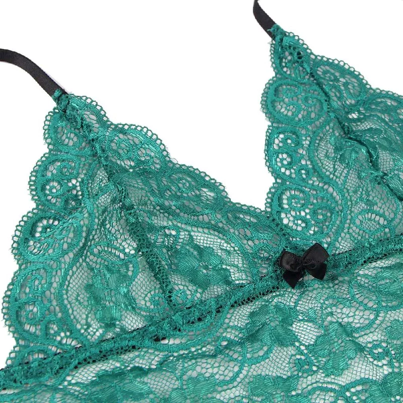 Green 3 Piece Lingerie Lace Set - Bra Panties Boxer Sexy Simulated Silk Underwear