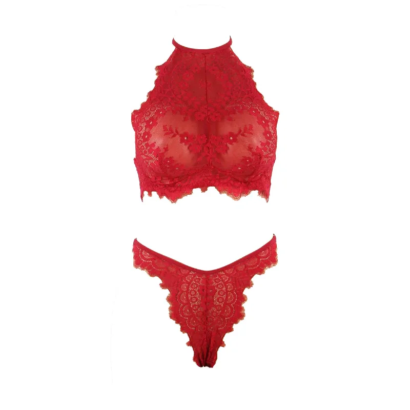 Red Lace Halter Top 2 Piece Set - Lingerie Bra Panties Sexy Underwear