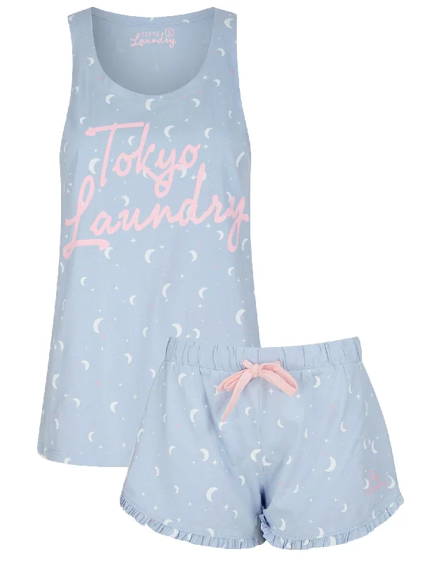 Moon And Stars Print 2 Pc Shortie Lounge Set in Powder Blue - Tokyo Laundry