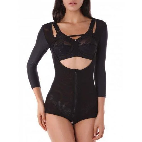 Zip Up Long Sleeve Corset Shorts Bodysuit - Black S