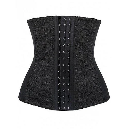 Three Hooks Lace Panel Corset - Black 2xl