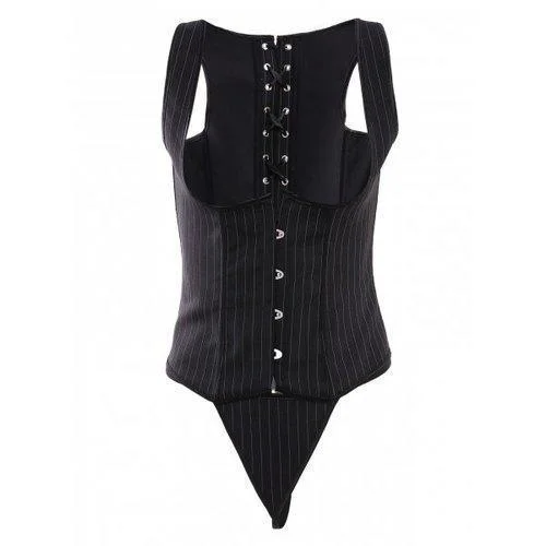 Button Design Striped Corset Top - Black M