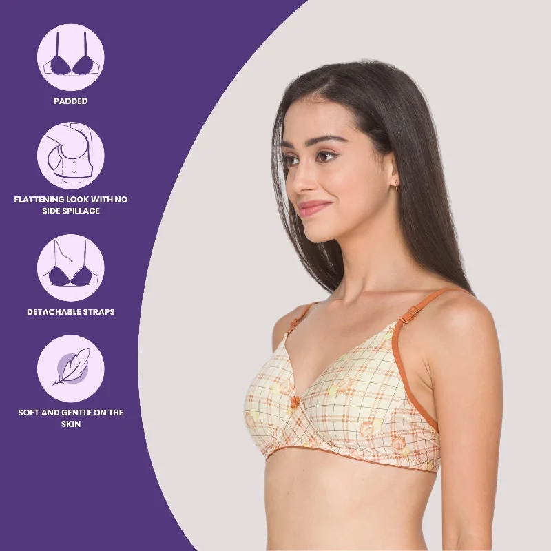 Lightly Padded Non Wired Nylon Solid Full Coverage Bra Printedcoral