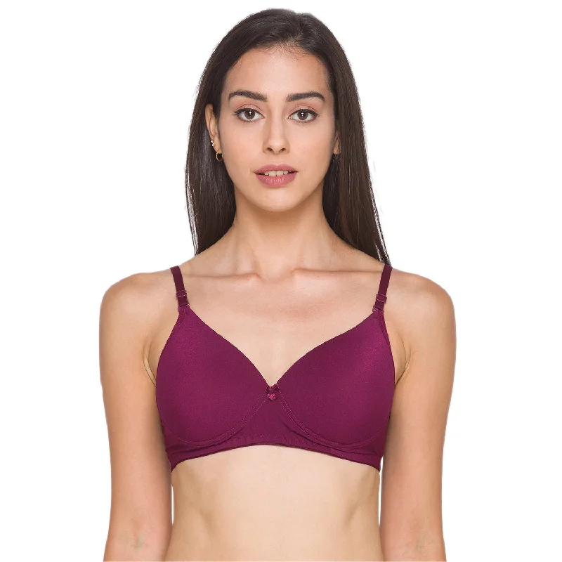 Lightly Padded Non Wired Nylon Solid Full Coverage Bra Maroon