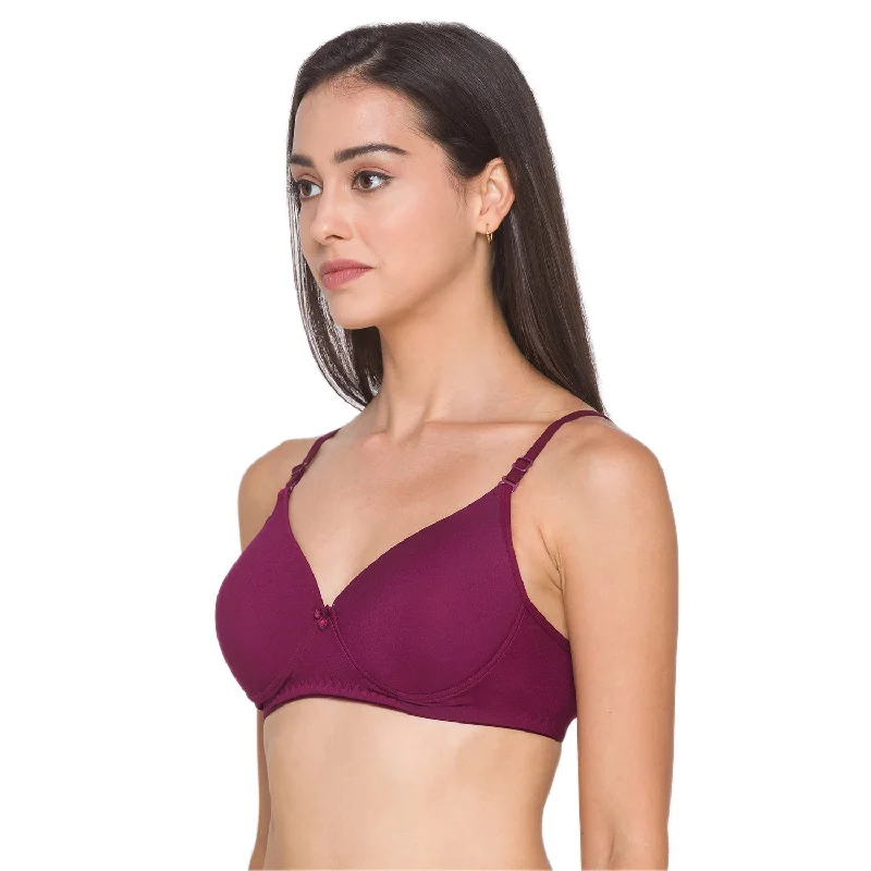 Lightly Padded Non Wired Nylon Solid Full Coverage Bra Maroon