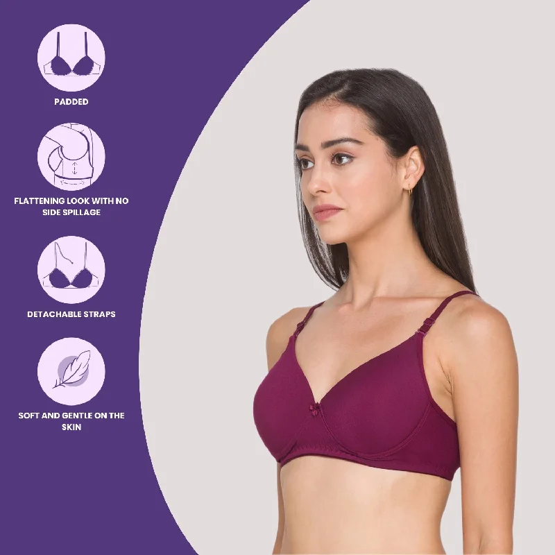 Lightly Padded Non Wired Nylon Solid Full Coverage Bra Maroon