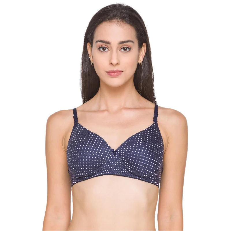 Lightly Padded Non Wired Nylon Solid Full Coverage Bra Navy Polka dot