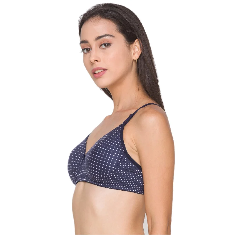 Lightly Padded Non Wired Nylon Solid Full Coverage Bra Navy Polka dot