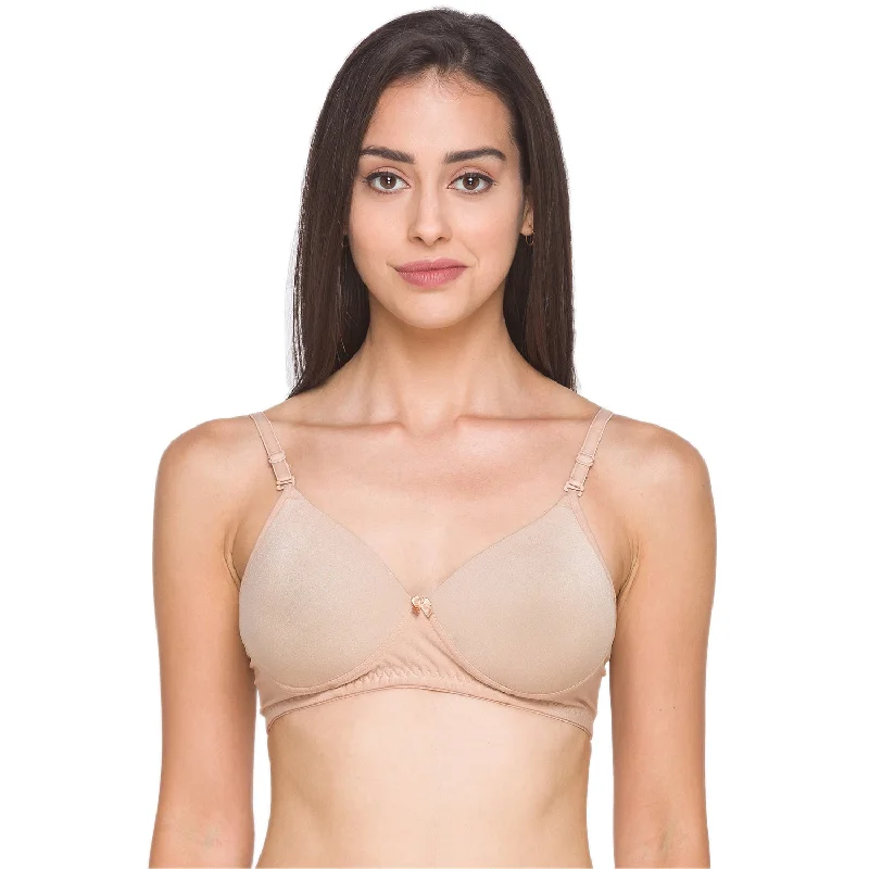 Lightly Padded Non Wired Nylon Solid Full Coverage Bra Beige