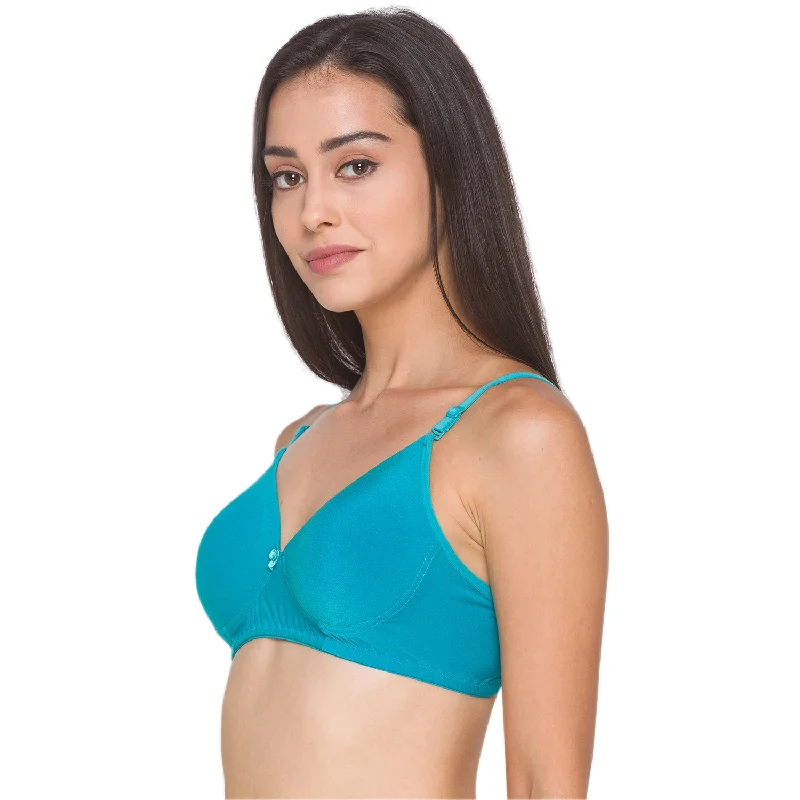 Lightly Padded Non Wired Nylon Solid Full Coverage Bra Blue