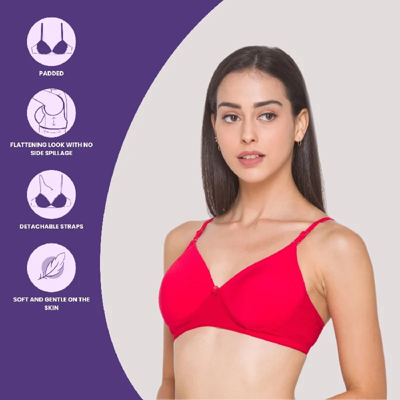 Lightly Padded Non Wired Nylon Solid Full Coverage Bra Red