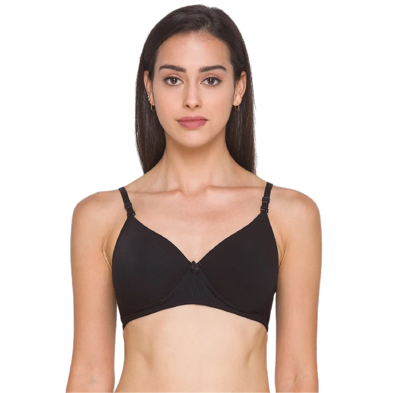 Lightly Padded Non Wired Nylon Solid Full Coverage Bra Black