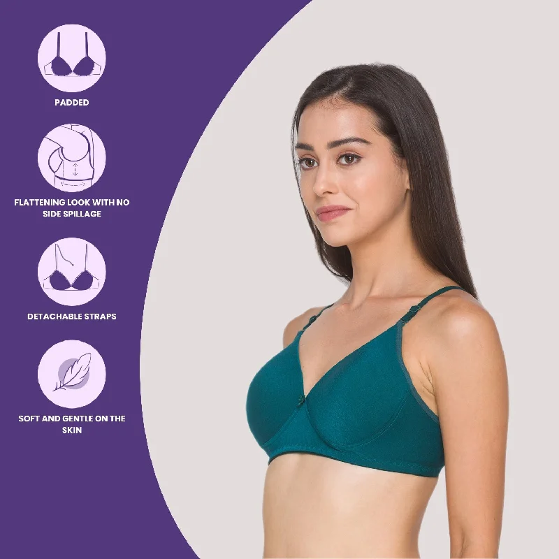 Lightly Padded Non Wired Nylon Solid Full Coverage Bra Sea Green