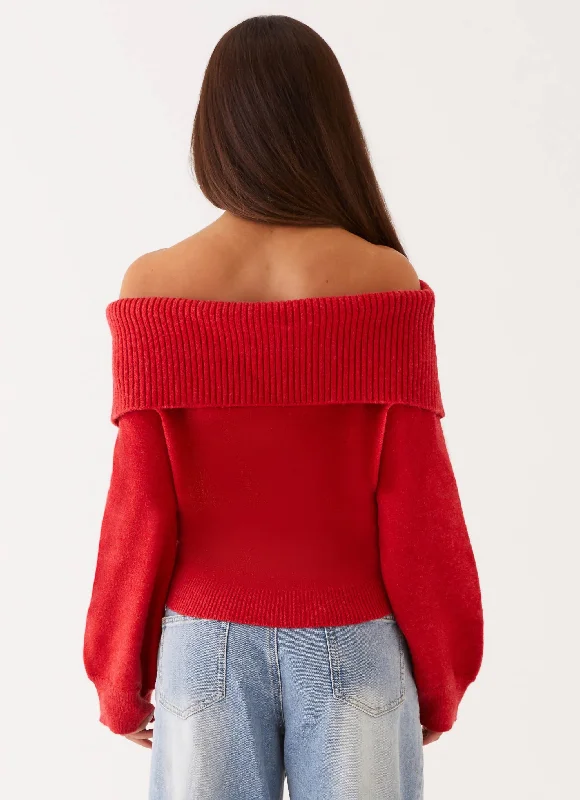 Bardot Knit Long Sleeve Top - Cherry